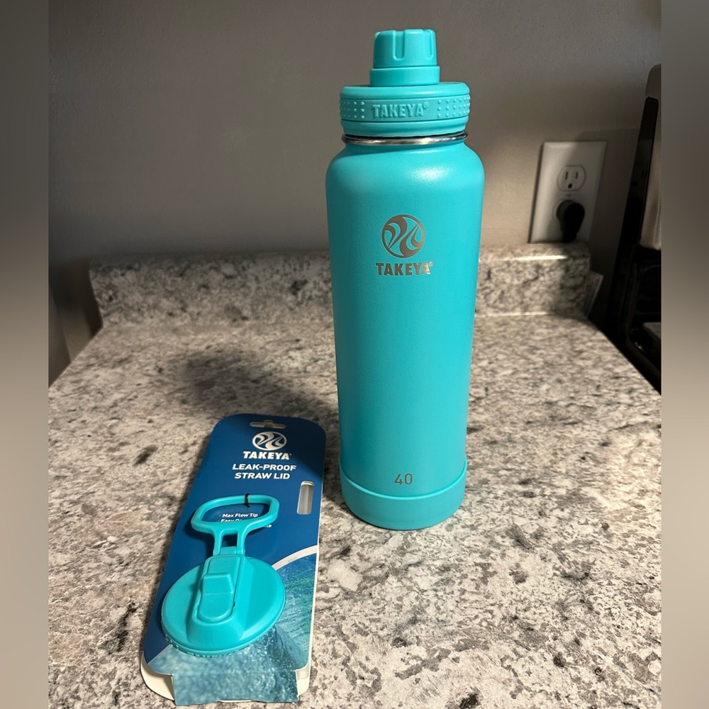 Takeya Actives Stainless Steel Water Bottle with Straw AND Spout Lid, 40 Oz teal